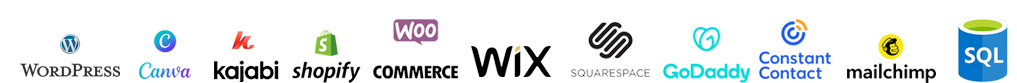 Platforms that Wagner Web Designs works shown as their logos: WordPress, Canva, Kajabi, Shopify, Woo Commerce, Wix, Squarespace, GoDaddy, Constant Contact, Mail Chimp, SQL.